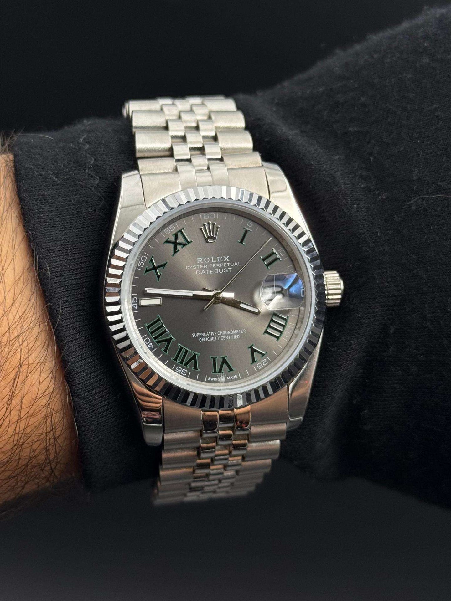 Rlx DateJust Exclusive  Plateado Tablero Gris Números Romanos