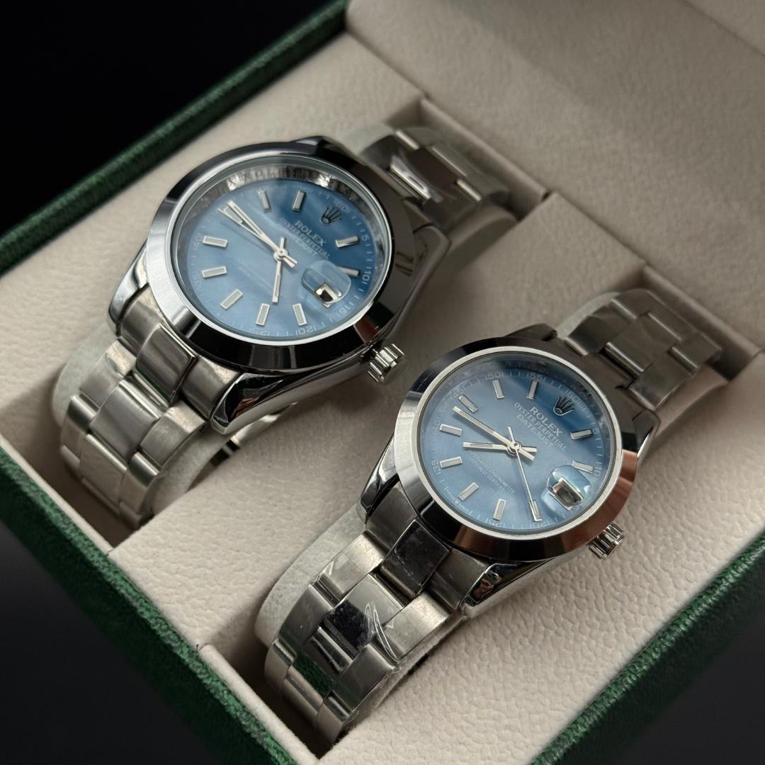 Pareja Rlx Datejust Liso Plateado Tablero Azul Claro