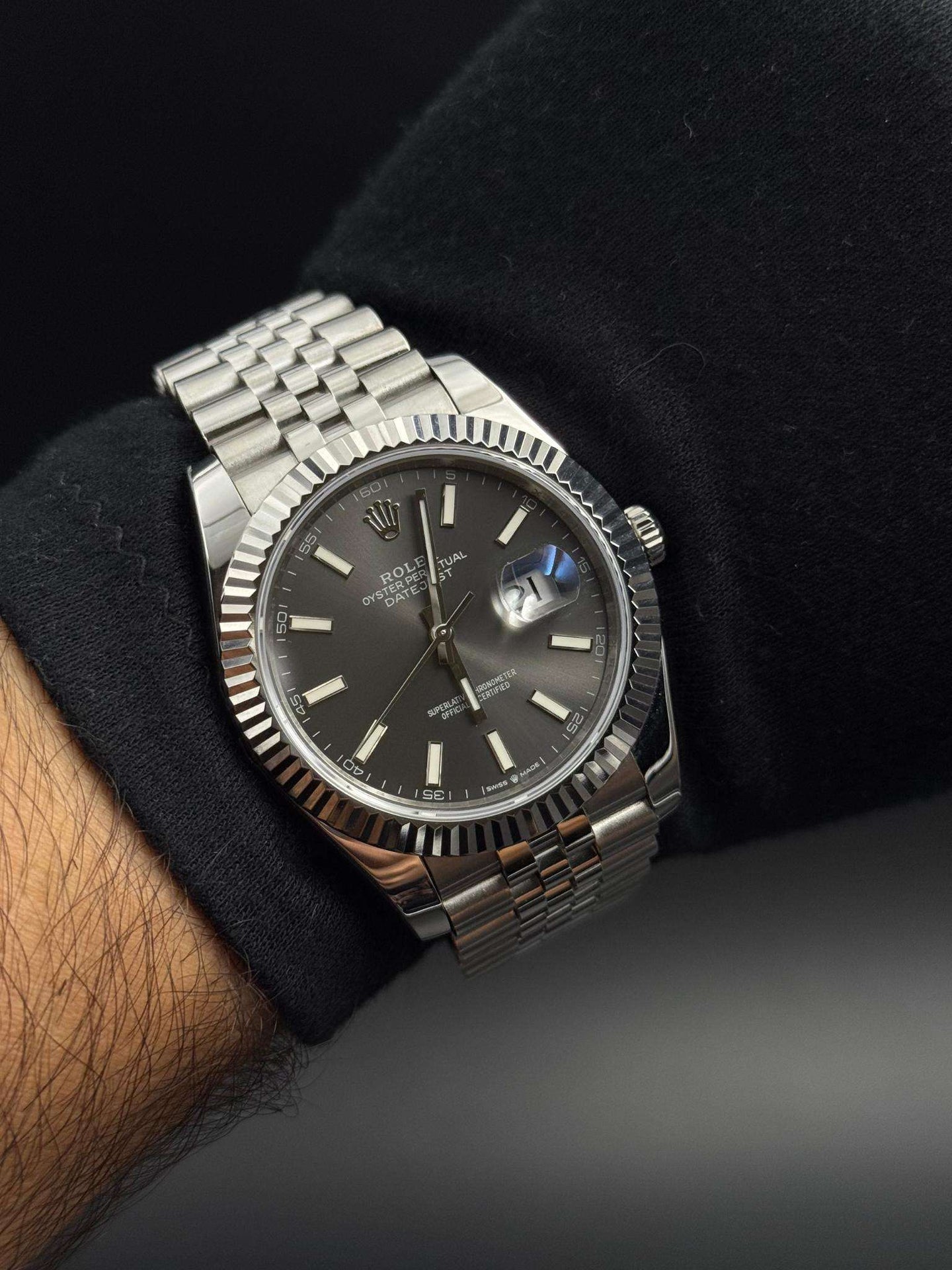 Rlx DateJust Exclusive Trenzado Plateado Tablero Gris