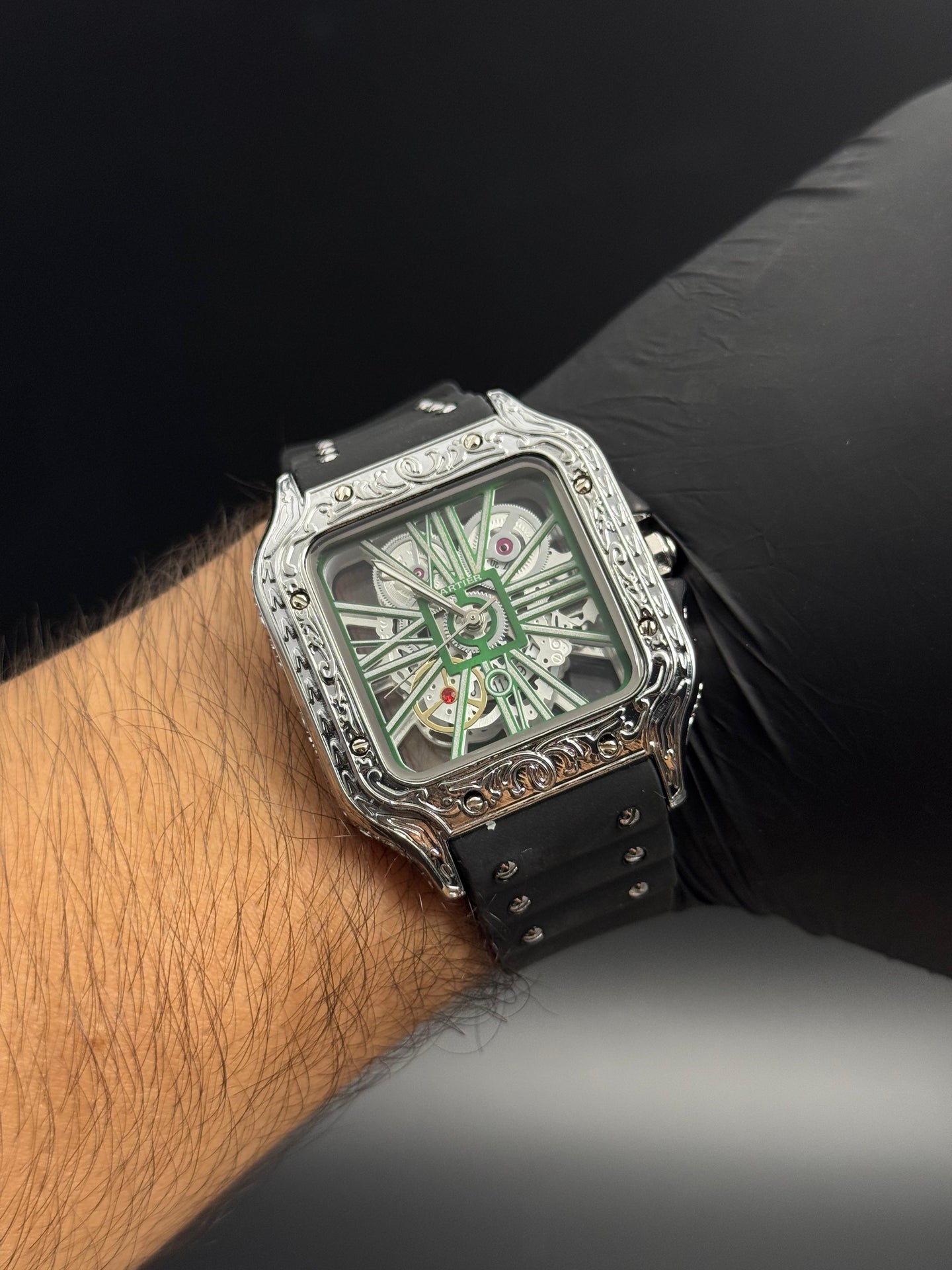 Crtr Santos Tallado Negro Tablero Plateado Verde Plateado